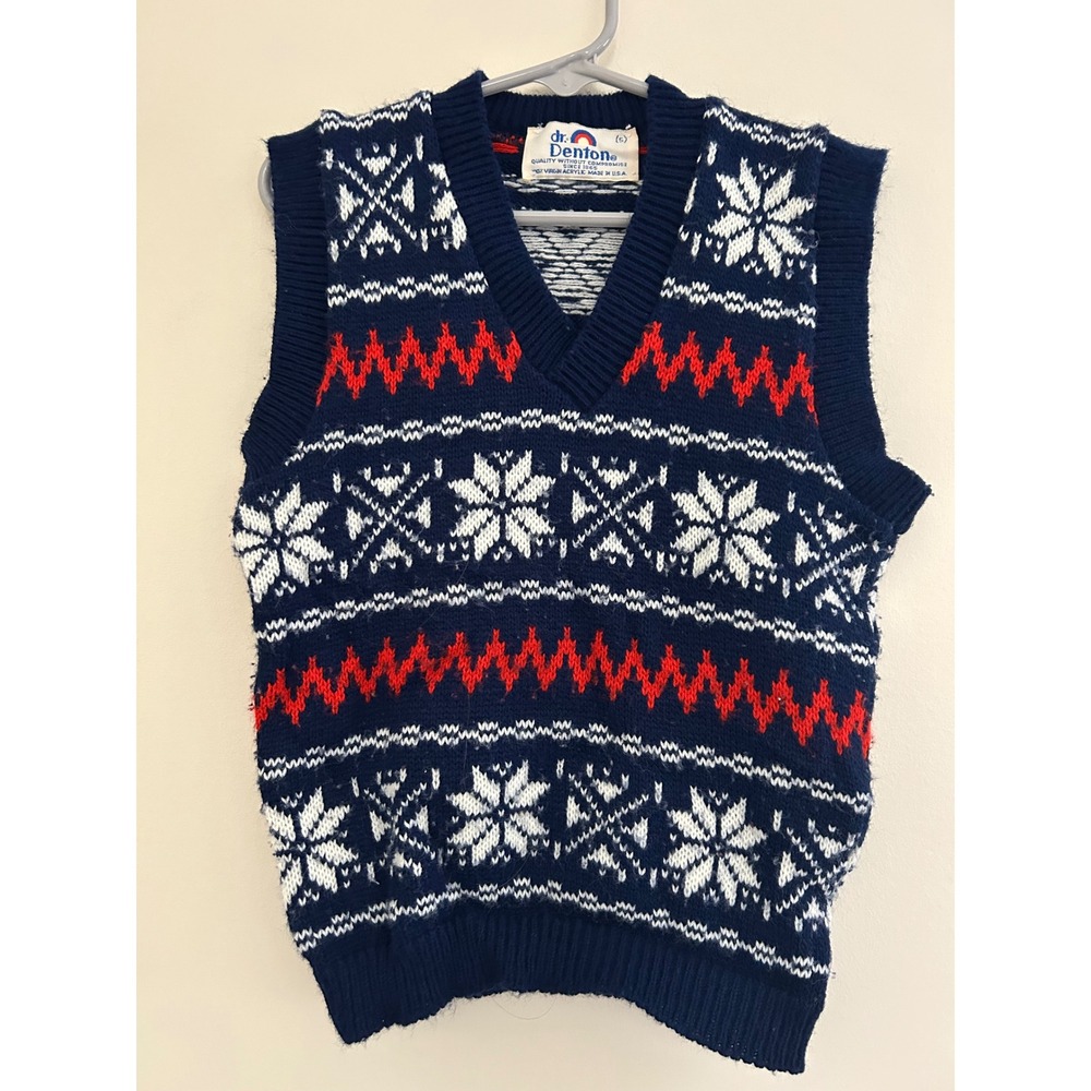 Vintage Dr Denton Kids Fair Isle Snowflake Sweater Vest Navy Blue Size 5 80s USA